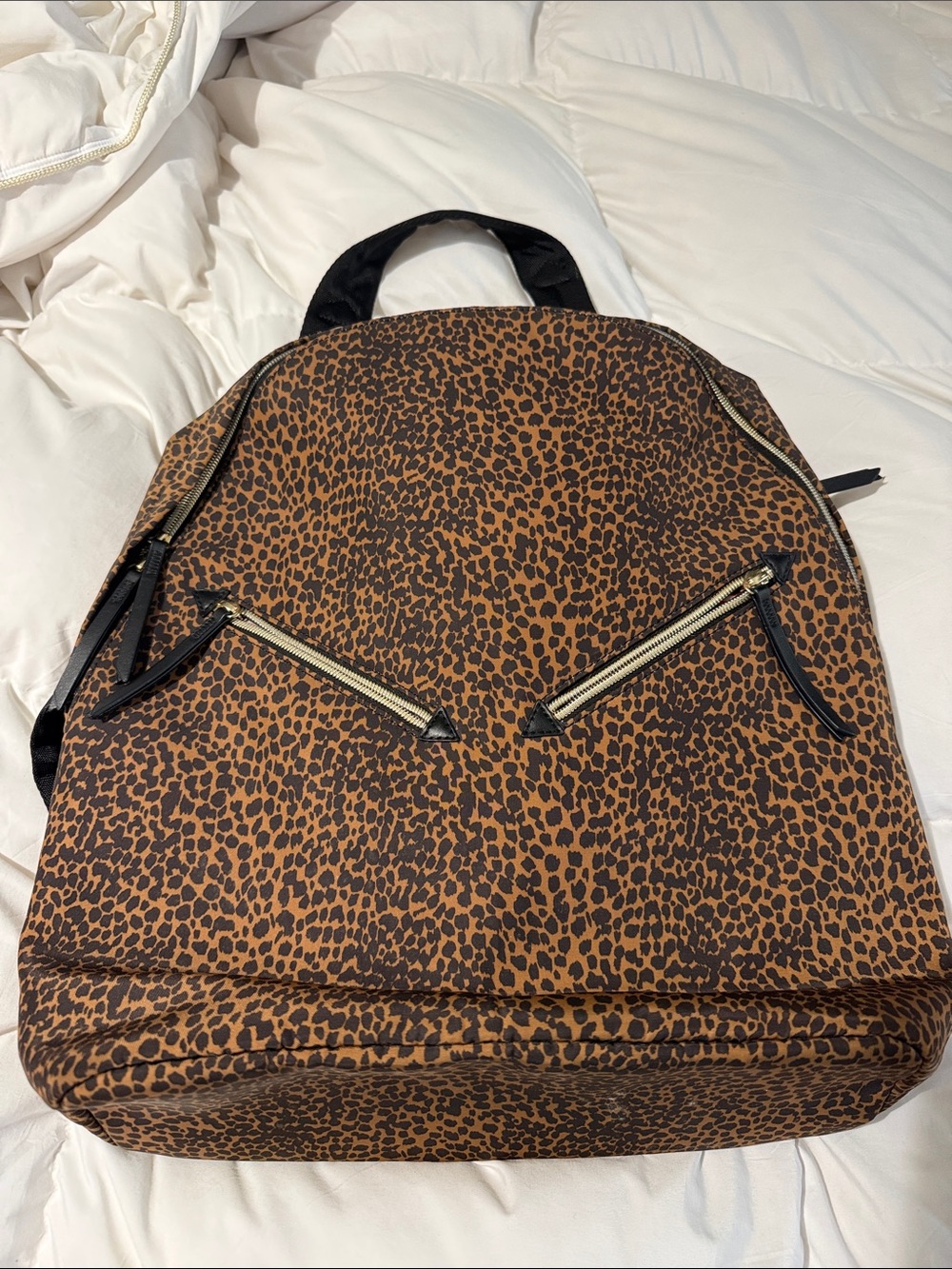 Stella & Dot Brown Leopard-Print Backpack with Gold Zippers